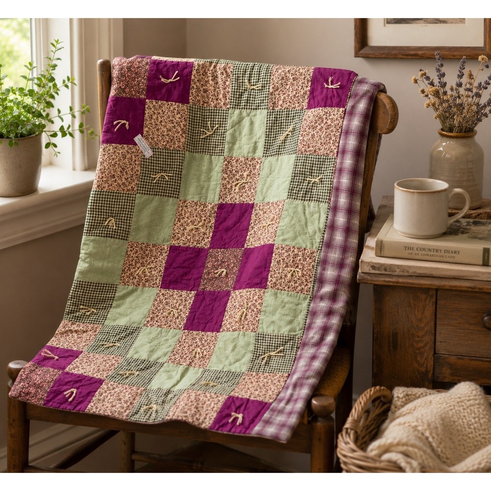 Vintage Primitive Patchwork Quilt Throw Burgundy Sage‎ Green Plaid 40x43